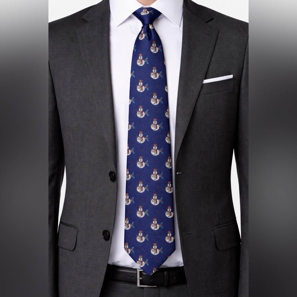 Lillian Vernon Christmas Men's Navy Snowman Pattern Tie 100% Silk  Festive
